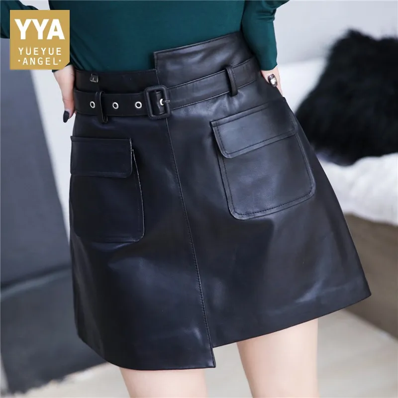 

Женские весенние трапециевидные юбки натуральная кожа овчины Мини юбка с высокой талией юбки в стиле панк офисные женские туфли пояса нере...