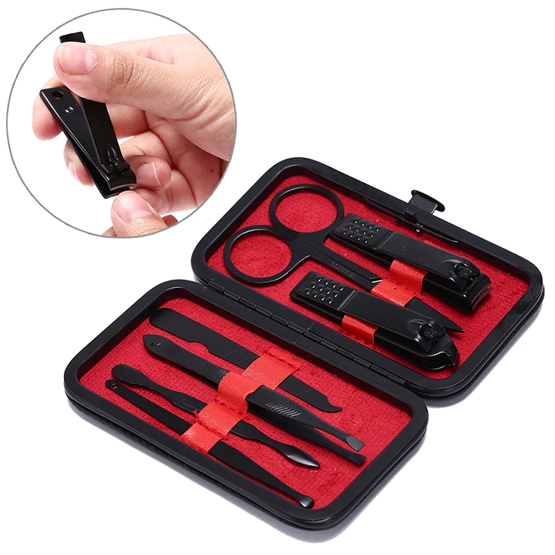 

7pcs/set Black Stainless Steel Nail Clipper Cutter Trimmer Ear Pick Grooming Kit With Case Manicure Pedicure Toe Nail Tools Set