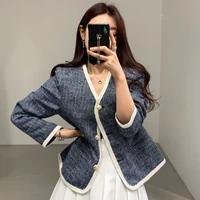 women jacket autumn slimming v neck single breasted trim contrast color casual long sleeved jacket short coat women clothes