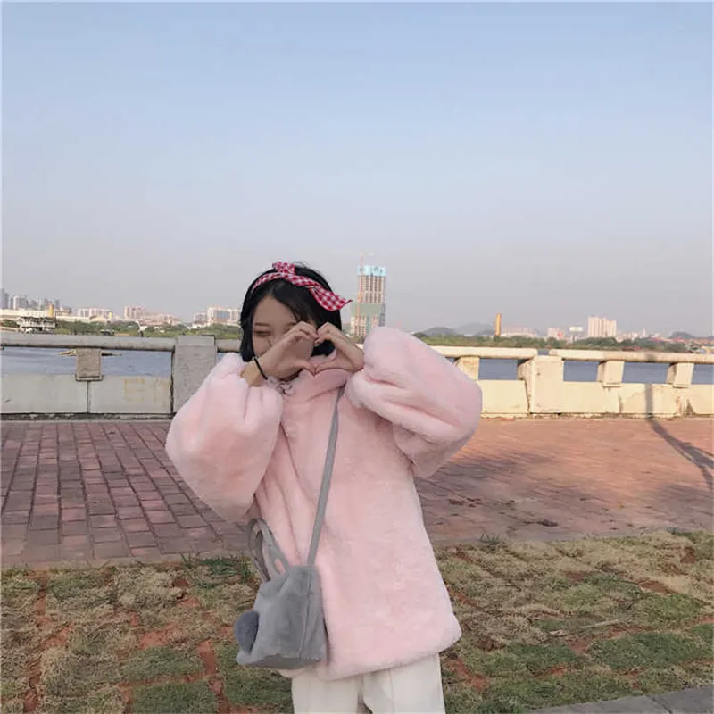 Kawaii женские толстовки белые розовые зимние свободные теплые толстовки с капюшоном Милая верхняя одежда пальто осенняя Милая толстовка с длинными рукавами для девочек