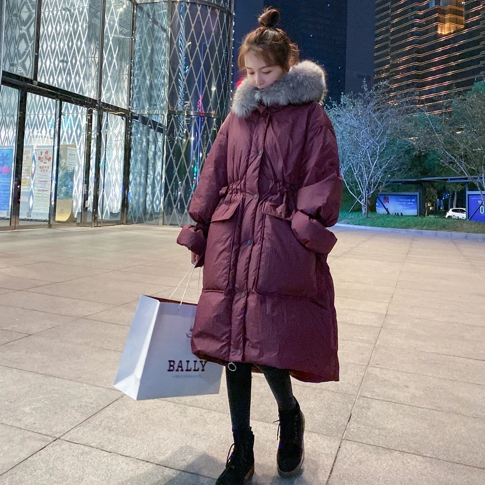 Женская хлопковая парка с капюшоном длинная толстая теплая фиолетового цвета