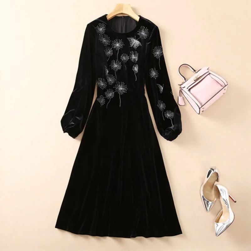 

Женское вельветовое платье, черное платье с вышивкой и рукавами-фонариками, 2021