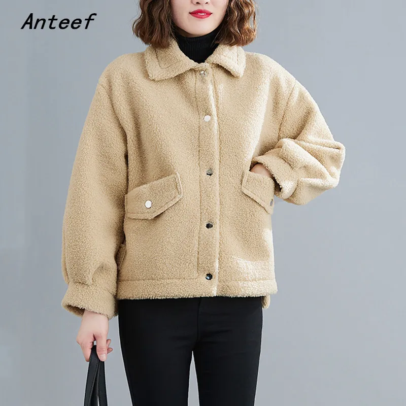 

Женское пальто с искусственным мехом Anteef размера плюс, Повседневная Свободная короткая куртка на осень и зиму, 2021 одежда