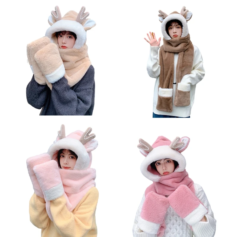 

C6UD Reindeer Hat Windproof Cap Winter Warm Hooded Scarf Cozy Party Christmas Hat Scarf Gloves Set For Girl One Piece Scarf