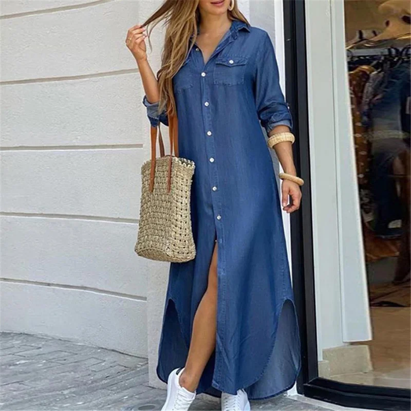 

Women Elegant Button Maxi Dresses Autumn Summer Long Sleeve Turn-down Collar Printed Shirt Dress Female Casual Loose Dresses