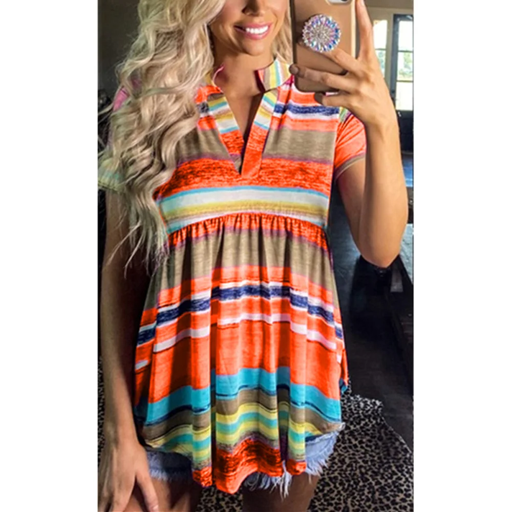 

Multicolor Striped T-shirt Bohemian Top Women Summer Short Sleeve 2020 Harajuku ropa mujer Casual Loose V-neck Tee Shirts