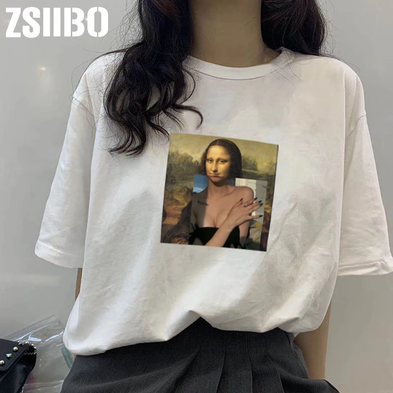Harajuku Mona Lisa женские футболки с забавным принтом Футболка оверсайз уличная мода