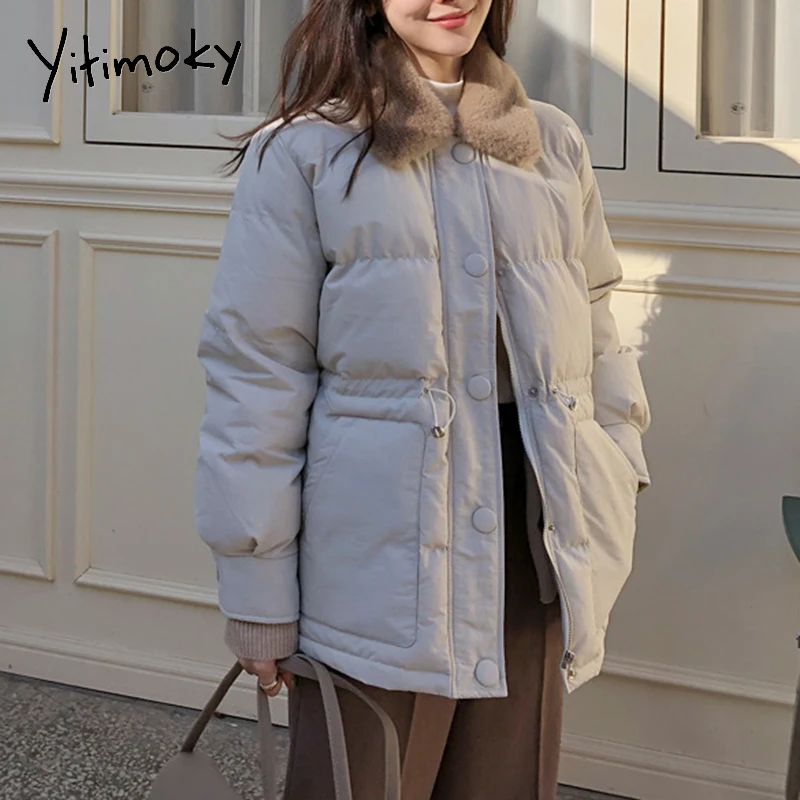 

Женская хлопковая куртка Yitimoky, зимняя теплая плиссированная парка с меховым воротником и кулиской в уличном стиле, 2021
