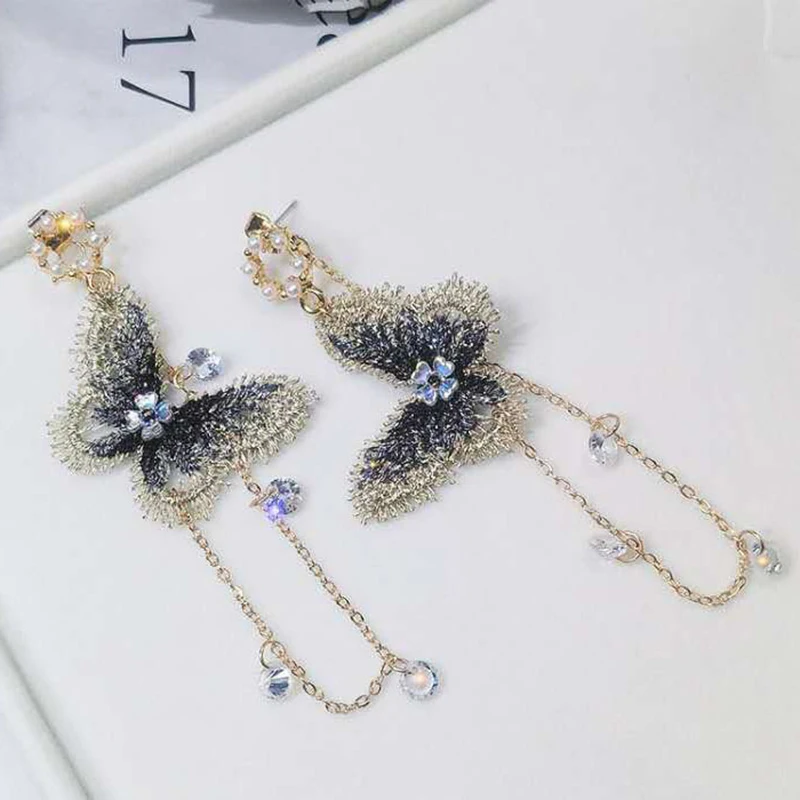 Японские и корейские сетчатые красные Винтажные серьги-бабочки с вышивкой