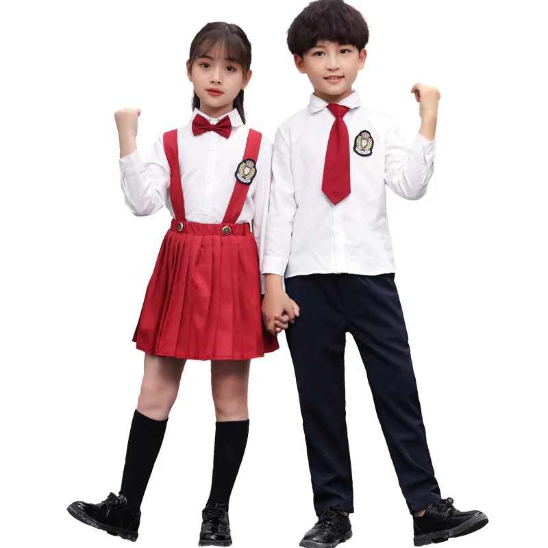 

Japanes Student School Uniforms Set For Girls Boys Kindergartens Costumes Clothes Children White Cotton Shirts Navy Straps Skirt