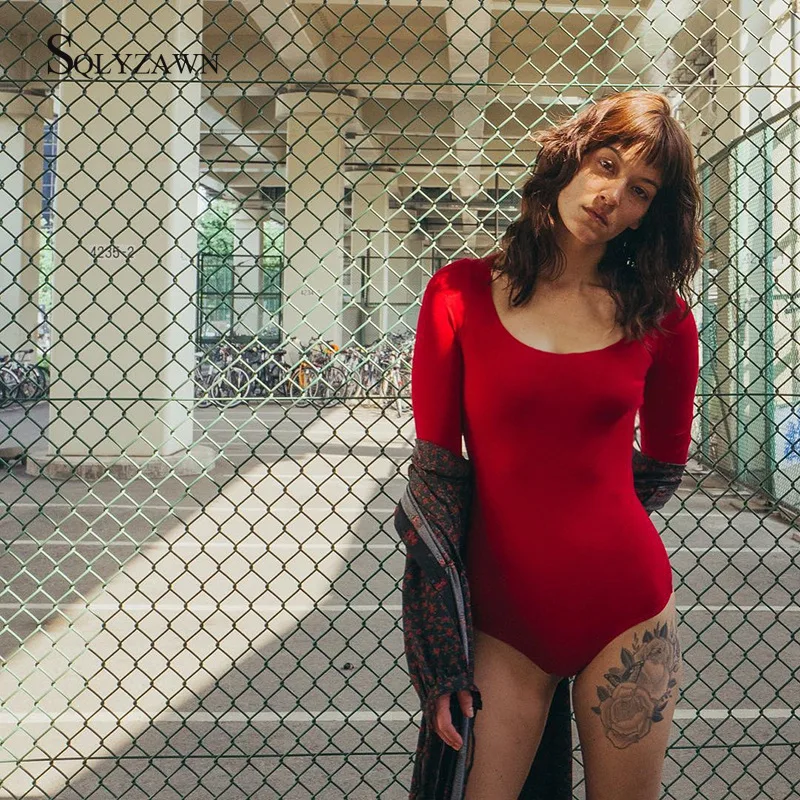 Хлопковое базовое боди с длинным рукавом женская мода осень черный белый красный