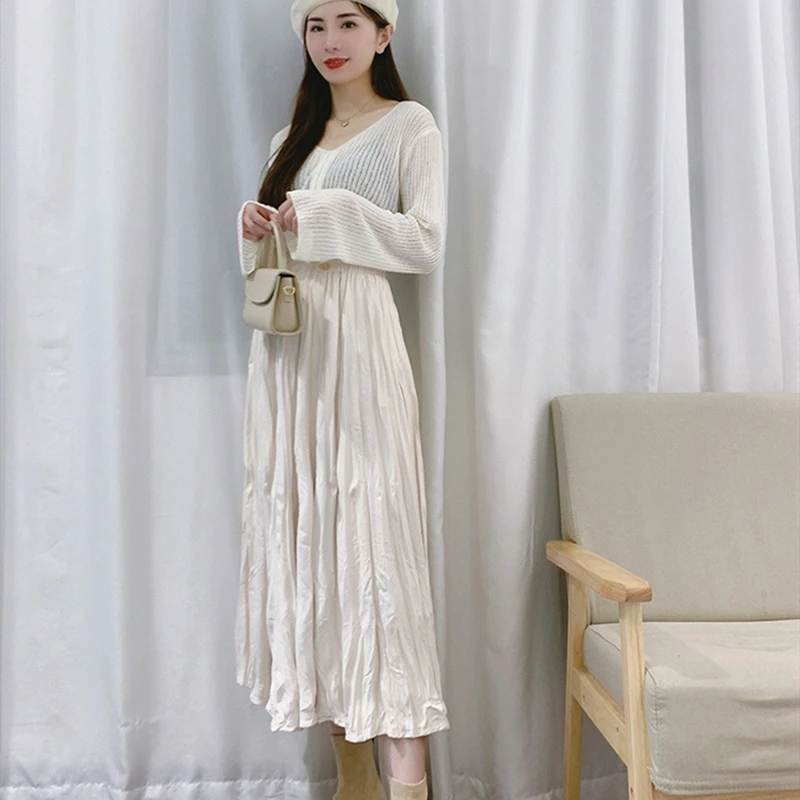 

Женская плиссированная юбка, Повседневная однотонная длинная трапециевидная юбка из тонкой кожи с высокой эластичной талией, Осень-зима 2021