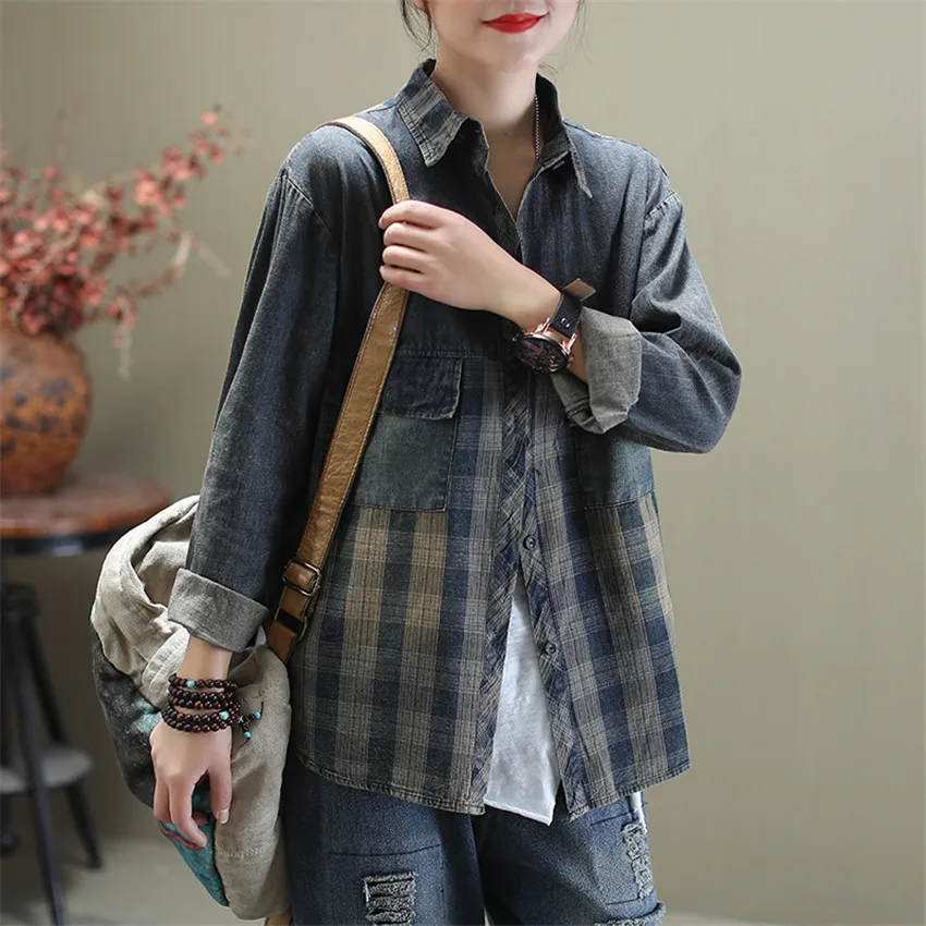 

Женская клетчатая блузка с отложным воротником, свободная рубашка с длинным рукавом, ВИНТАЖНАЯ ДЖИНСОВАЯ однобортная рубашка, осень 2020