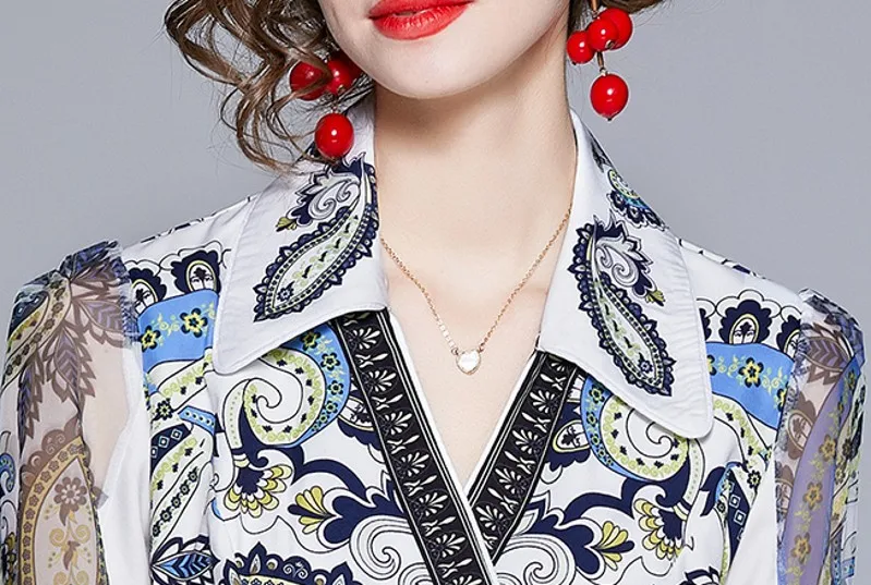 

2021 summer fashion Elegant Women Printed V Neck Lantern Sleeve Dress Single-Breasted Irregular Dresses