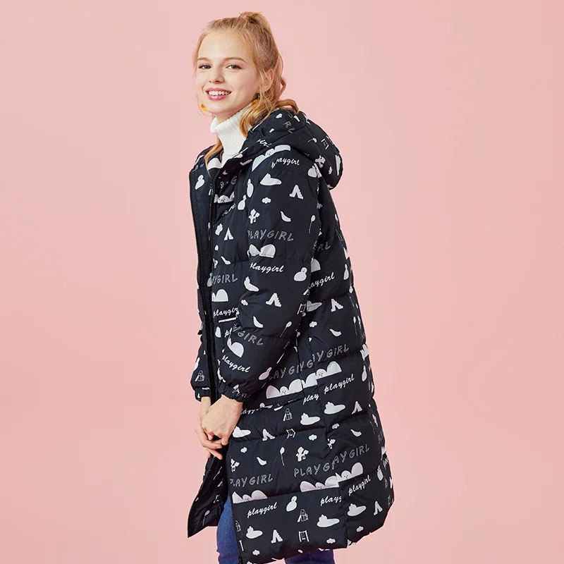 

Semir Down Jacket Female Spring Winter Fashion Mid-Length Warm Jacket Hooded Korean Style Trendy Tops Printed Winter Coat Women