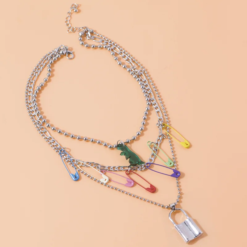 

Minar Cool Rainbow Pins Lock Pendant Necklace for Women Silver Color Strand Chain Multi Layered Chokers Necklaces Party Jewelry
