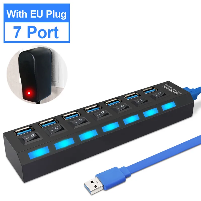 Black with EU EASYIDEA USB 3,0 концентратор мульти usb-хаб 3,0 USB разветвитель type C концентратор 7 портов расширитель usb-c Hab с адаптером питания type-C док-станция для ПК - Цвет: Black with EU