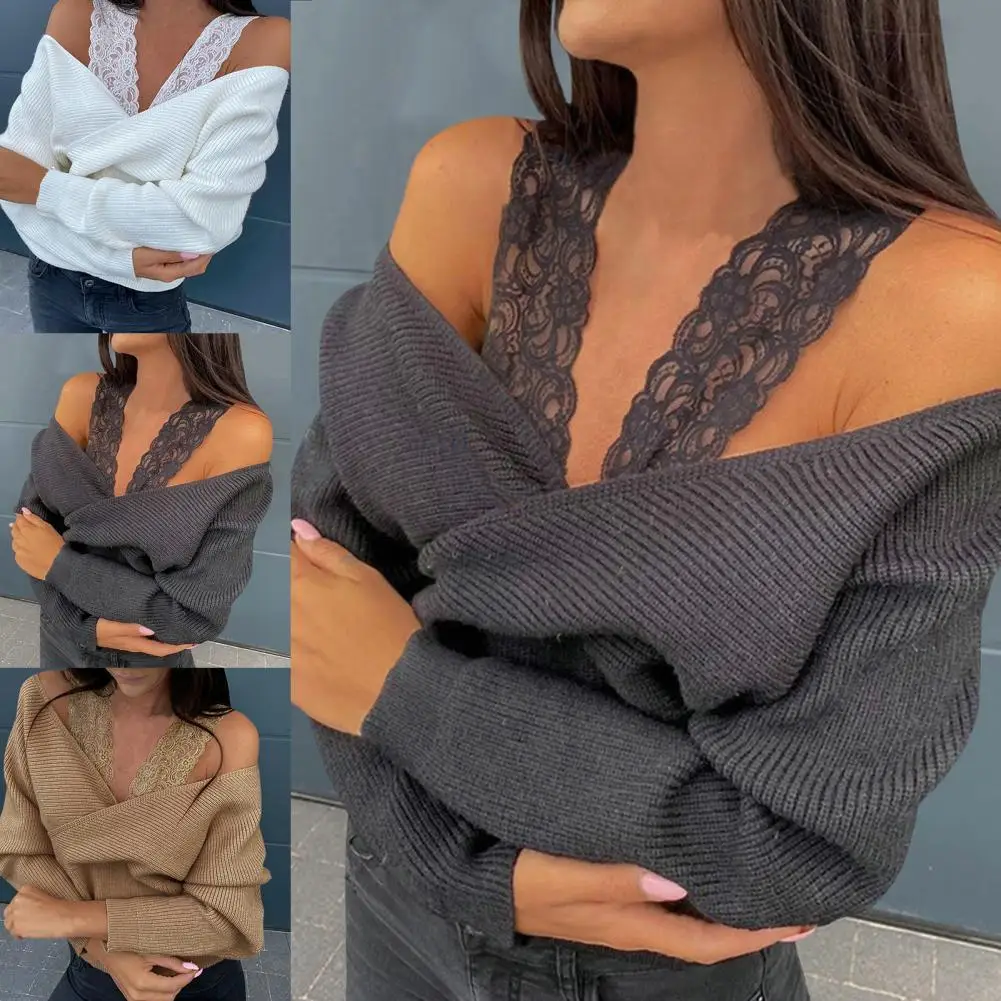 

Однотонный вязаный свитер из полиэстера и спандекса с открытыми плечами, кружевной свитер на бретельках с длинным рукавом и V-образным выре...