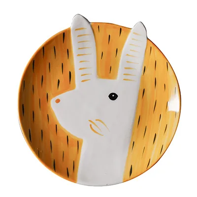 Rabbit Корейские креативные тарелки для завтрака, стейка, детские фруктовые тарелки 6 или 8 дюймов, ручная роспись, тарелка с животными, столовые приборы, Мультяшные керамические тарелки - Color: Rabbit