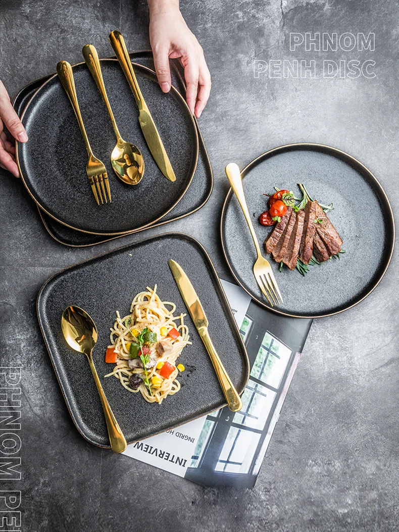 Керамическая тарелка в западном стиле для еды стейка 8/10 дюйма черный матовый
