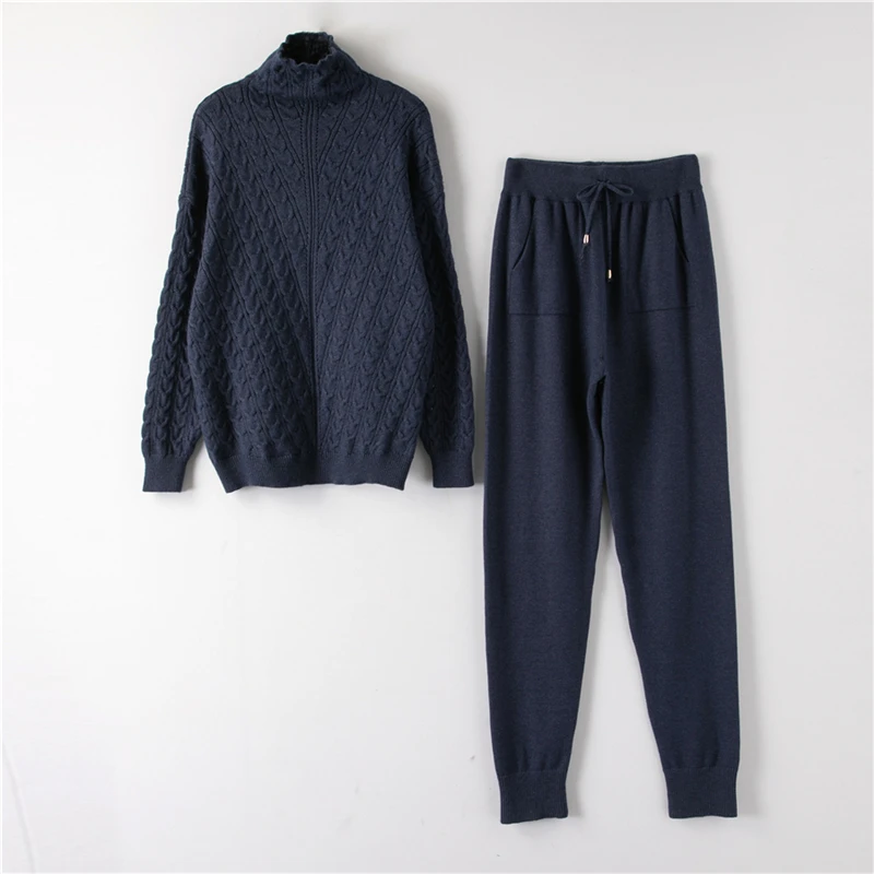 H01-Navy Blue Водолазка, пуловер, свитера, трикотажные штаны, костюм из двух частей, комплекты для женщин на осень и зиму, теплый вязаный спортивный костюм, женский спортивный костюм - Цвет: H01-Navy Blue