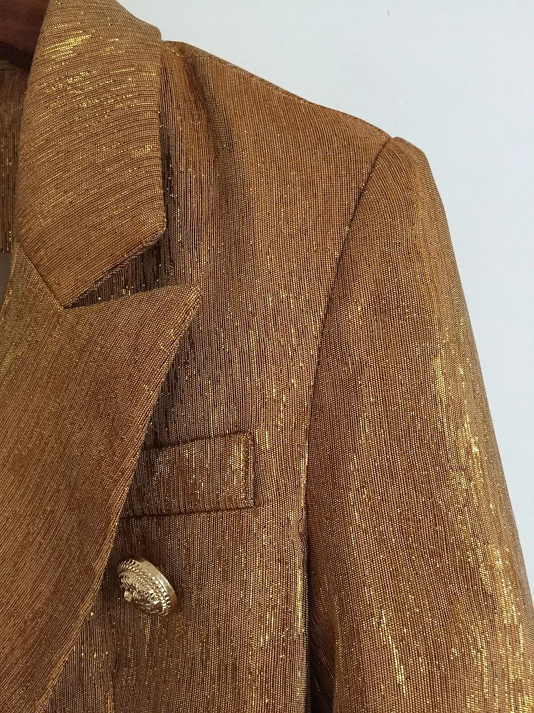 

New 2020 High Quality Golden Suit Jacket Metal Lion Head Buckle Double-breasted Small Suit OL Women Slim Coat AS1752