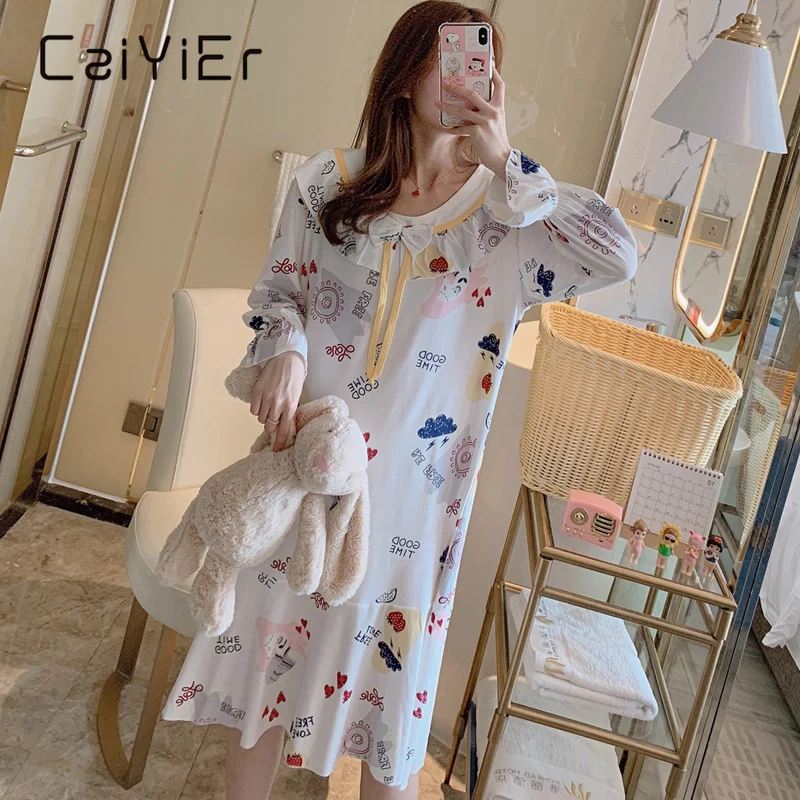 Женская ночная рубашка CAIYIER Повседневная Ночная с длинным рукавом и принтом