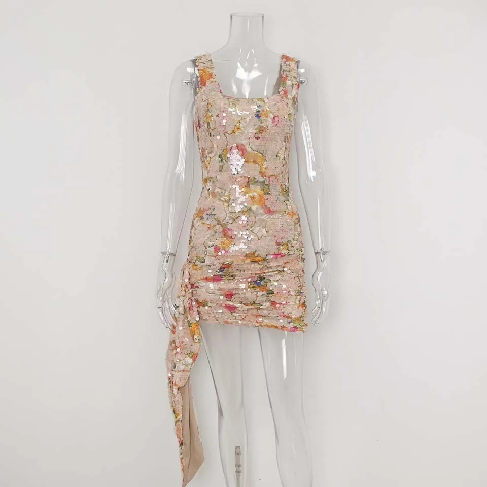 Floral Dress Karlofea, женское Великолепное вечернее платье с золотыми блестками, шикарное ДРАПИРОВАННОЕ мини-платье с рюшами и запахом, модные блестящие Клубные наряды для дня рождения, Vestidos - Цвет: Floral Dress