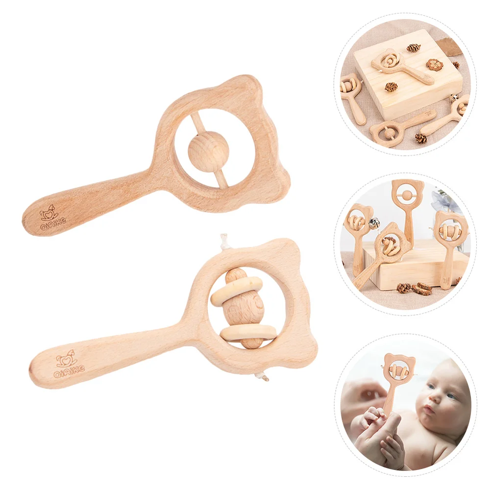 

2pcs Funny Baby Grab Handbell Wood Infant Rattle Playthings (Beige)