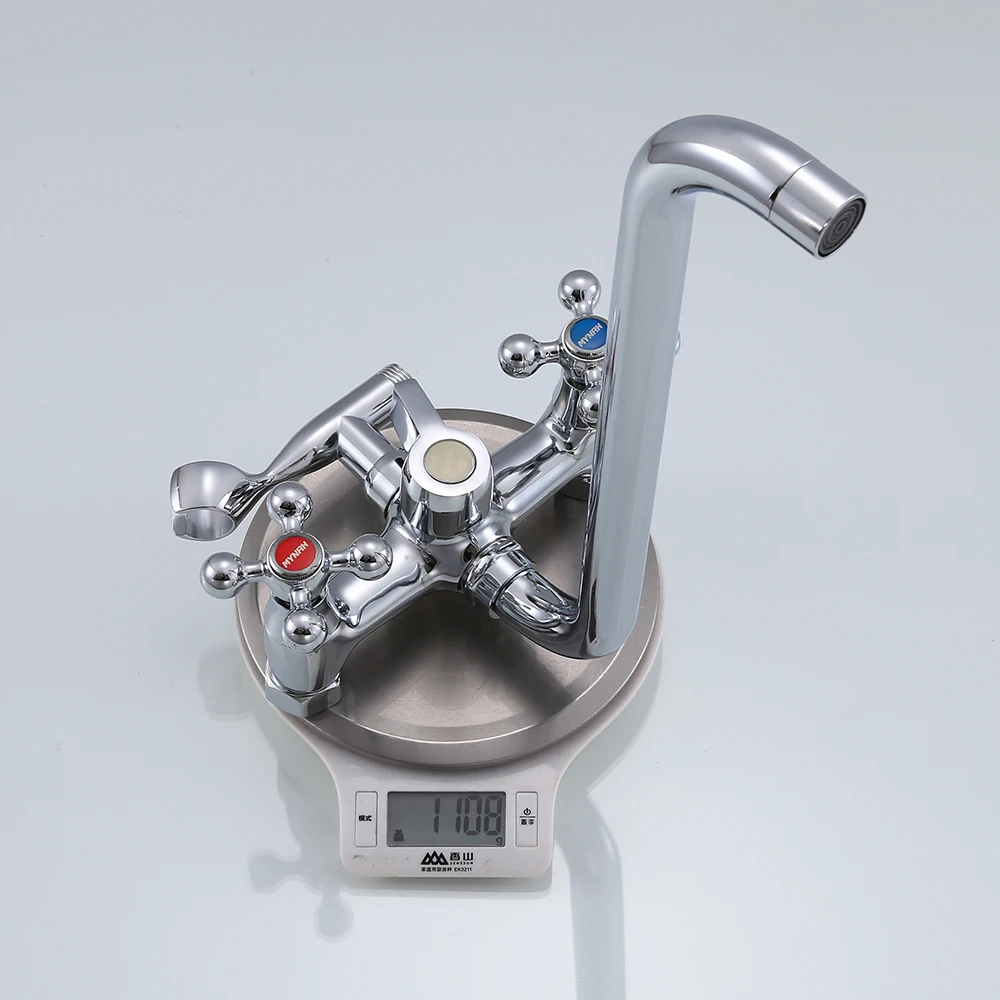 

MYNAH Bathroom Wall Mounted Bathtub Shower Faucet Long Spout Double Handle Silver Shower Set Hand Shower