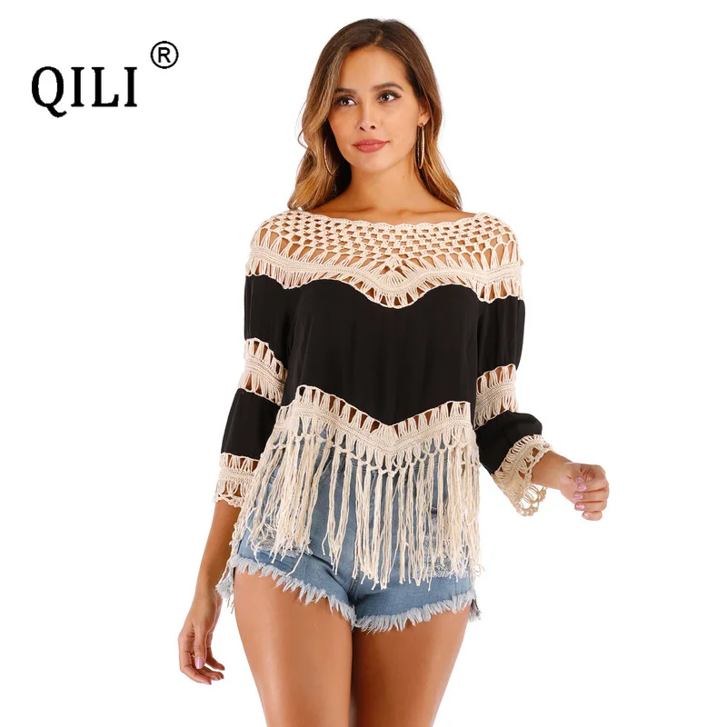 Женская Пляжная футболка QILI асимметричная Футболка с рукавами три четверти
