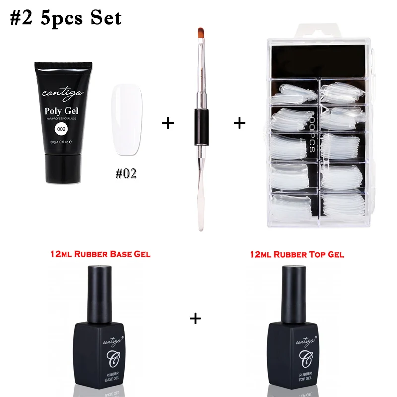 02-5pcs Набор из полигеля Contigo для наращивания ногтей, полигель, 10 цветов, набор УФ-акриловых гелей для ногтей, резиновая основа и верхнее покрытие для дизайна ногтей, решение для скольжения - Цвет: 02-5pcs