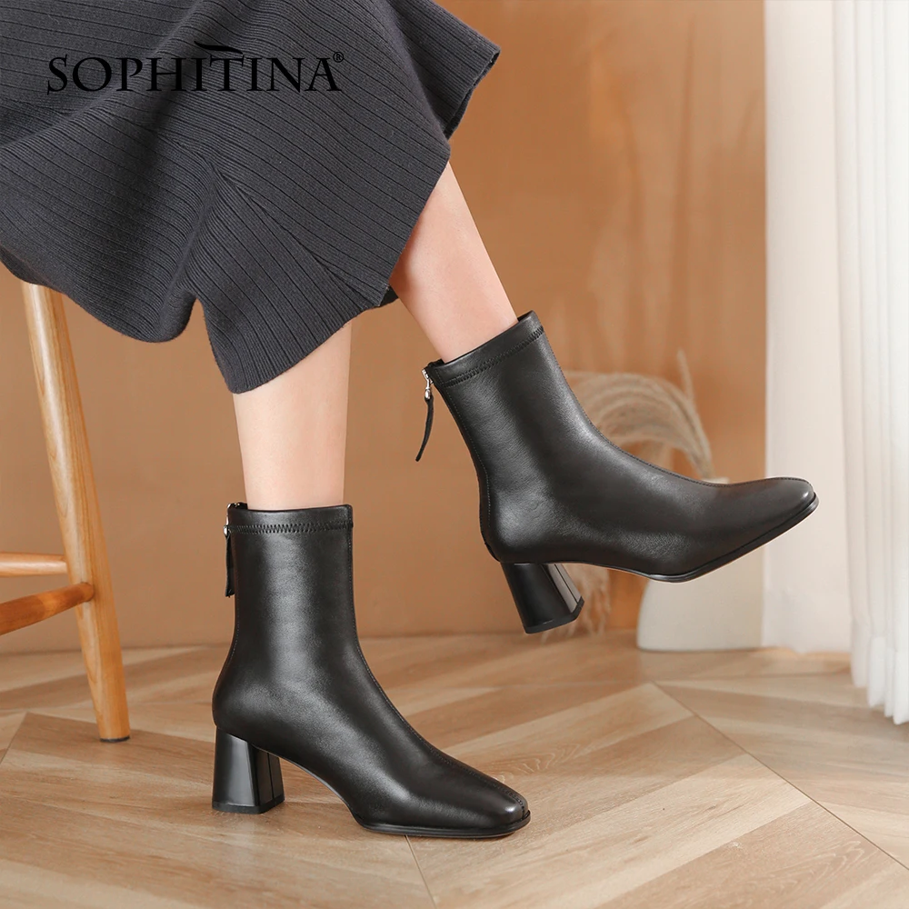 

Ботинки SOPHITINA женские на толстом каблуке, удобные кожаные сапоги, квадратный носок, короткая плюшевая подкладка, элегантная обувь, серого цв...