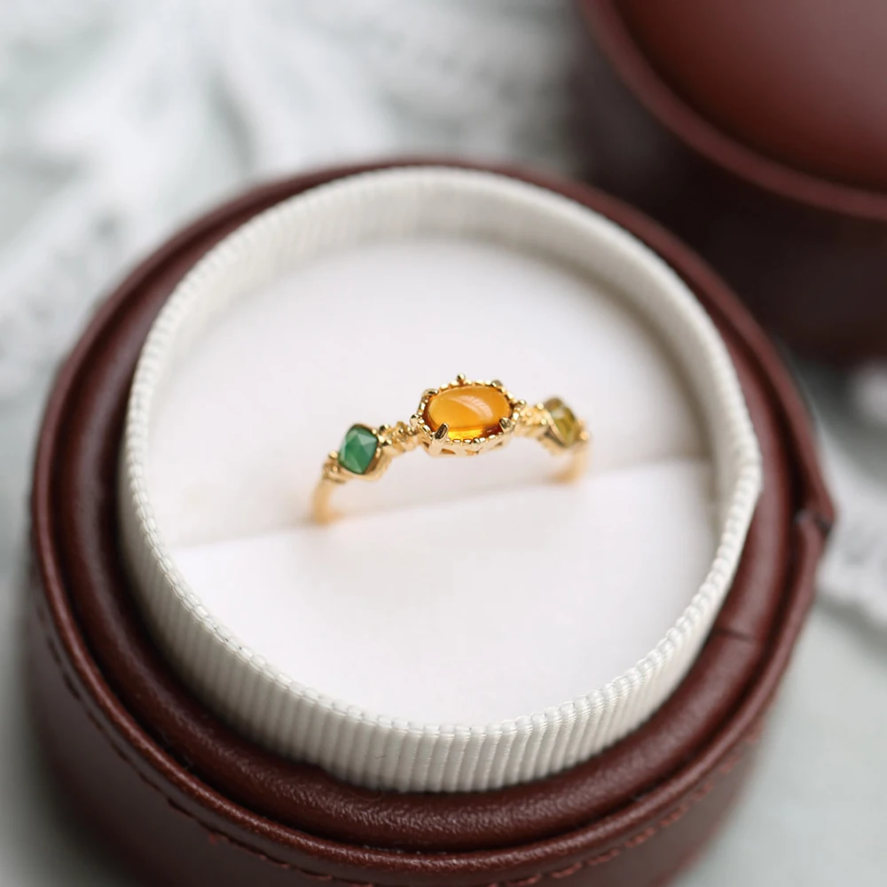 LAMOON винтажные кольца из драгоценных камней кольцо натурального янтаря для