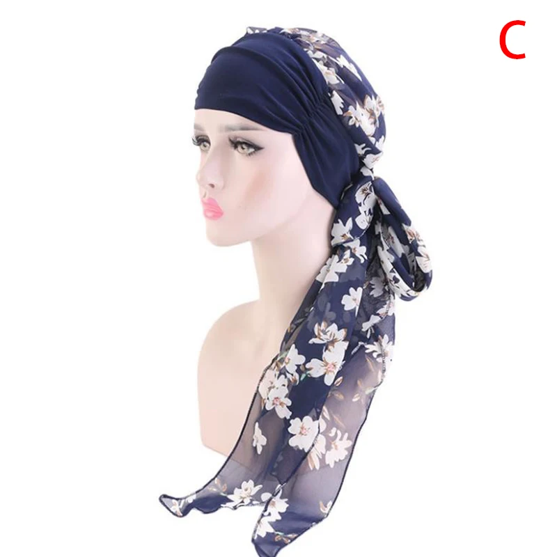 

Women Head Scarf Muslim Turban Hat Pre-Tied Flowers Printed Headwear Beanie Coverings Summer Head Wrap Chiffon