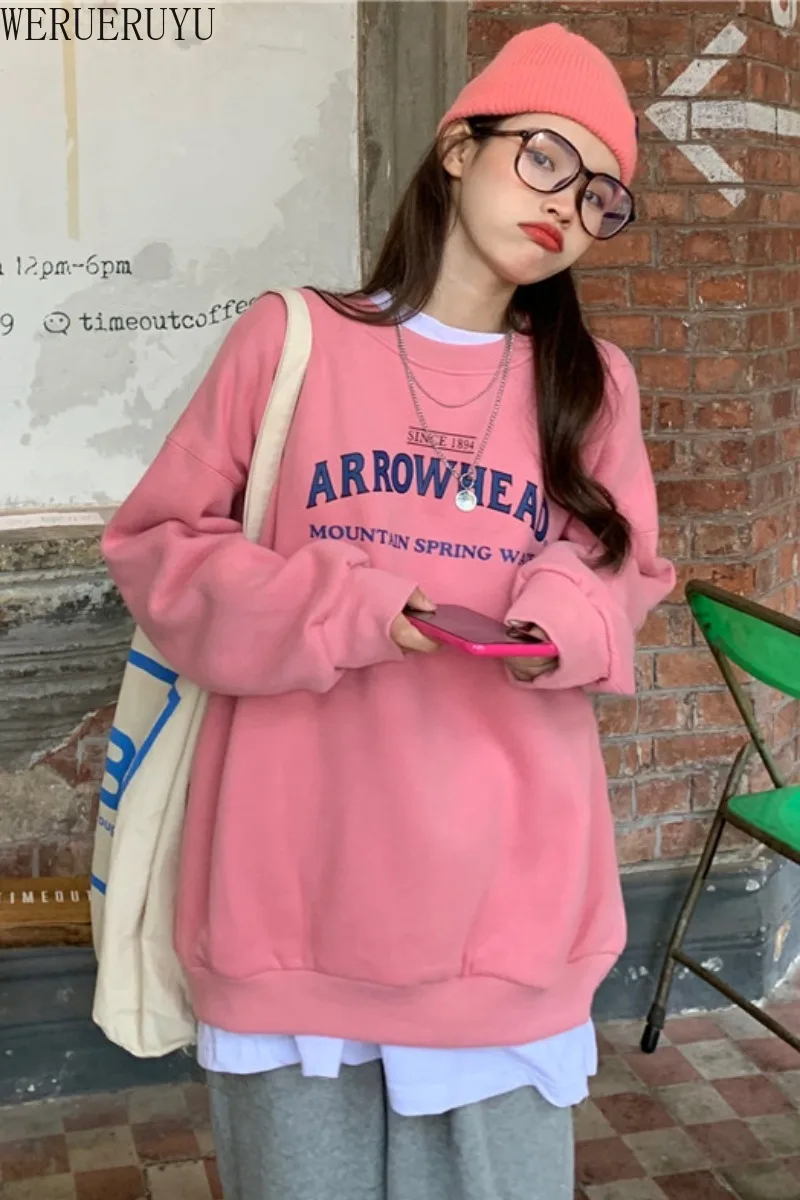 

WERUERUYU Female Long Sleeve Pullovers Warm Coats Harajuku Streetwear Womens SweatshirtHoodie WomenPink Sweatshirt