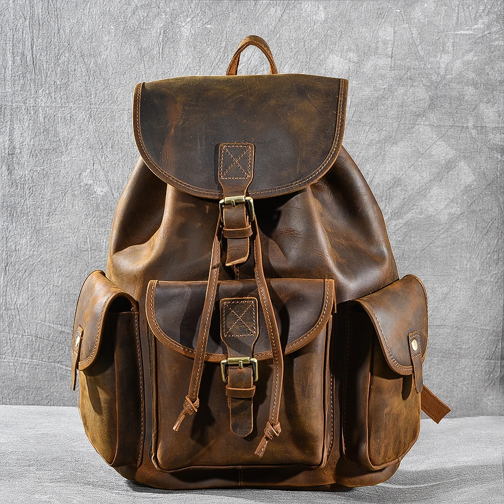 Men's Backpack Large Capacity Male Leather Travel Backpacks Drawstring Bag Retro Classic Original Handmade Crazy Horse | Багаж и сумки