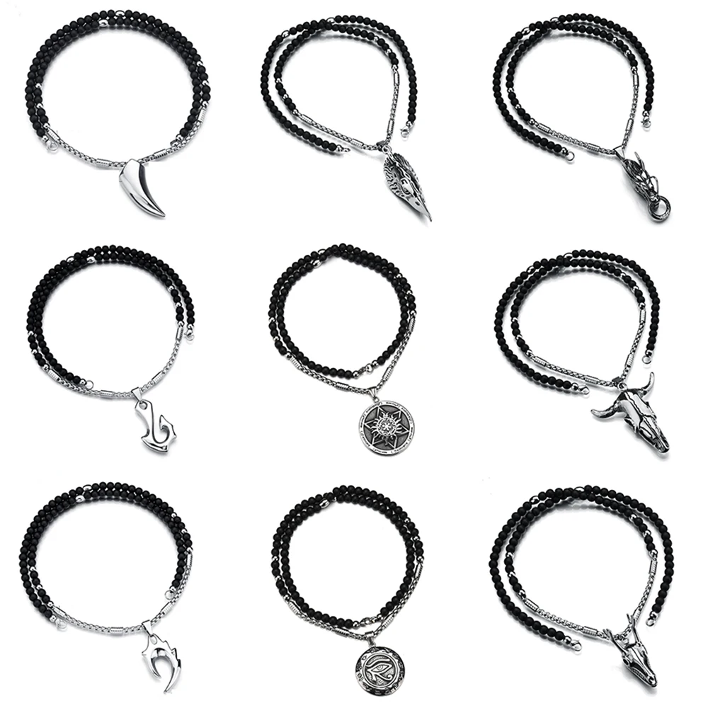 Ожерелье из нержавеющей стали с шестигранными бусинами кулон в виде волка орла