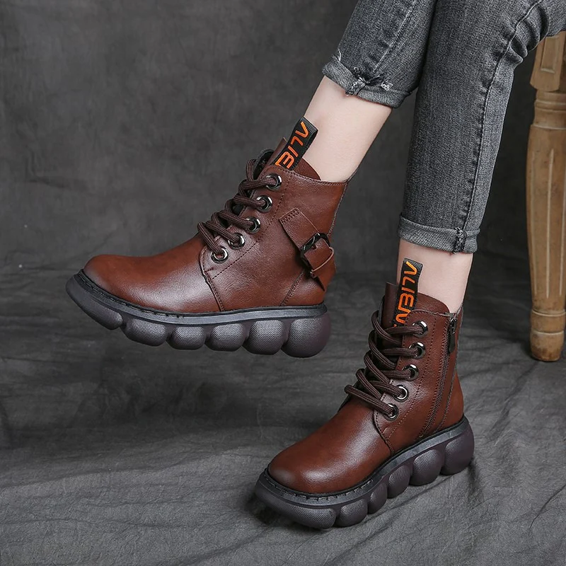 

Women Mid-calf Boots Platform Lace-up Martin Boots Side Zip Fashion Booties 2021 New High-quality Retro Fall Boots Buty Damskie