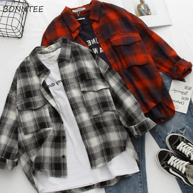 Женская клетчатая рубашка в Корейском стиле Харадзюку модная простая