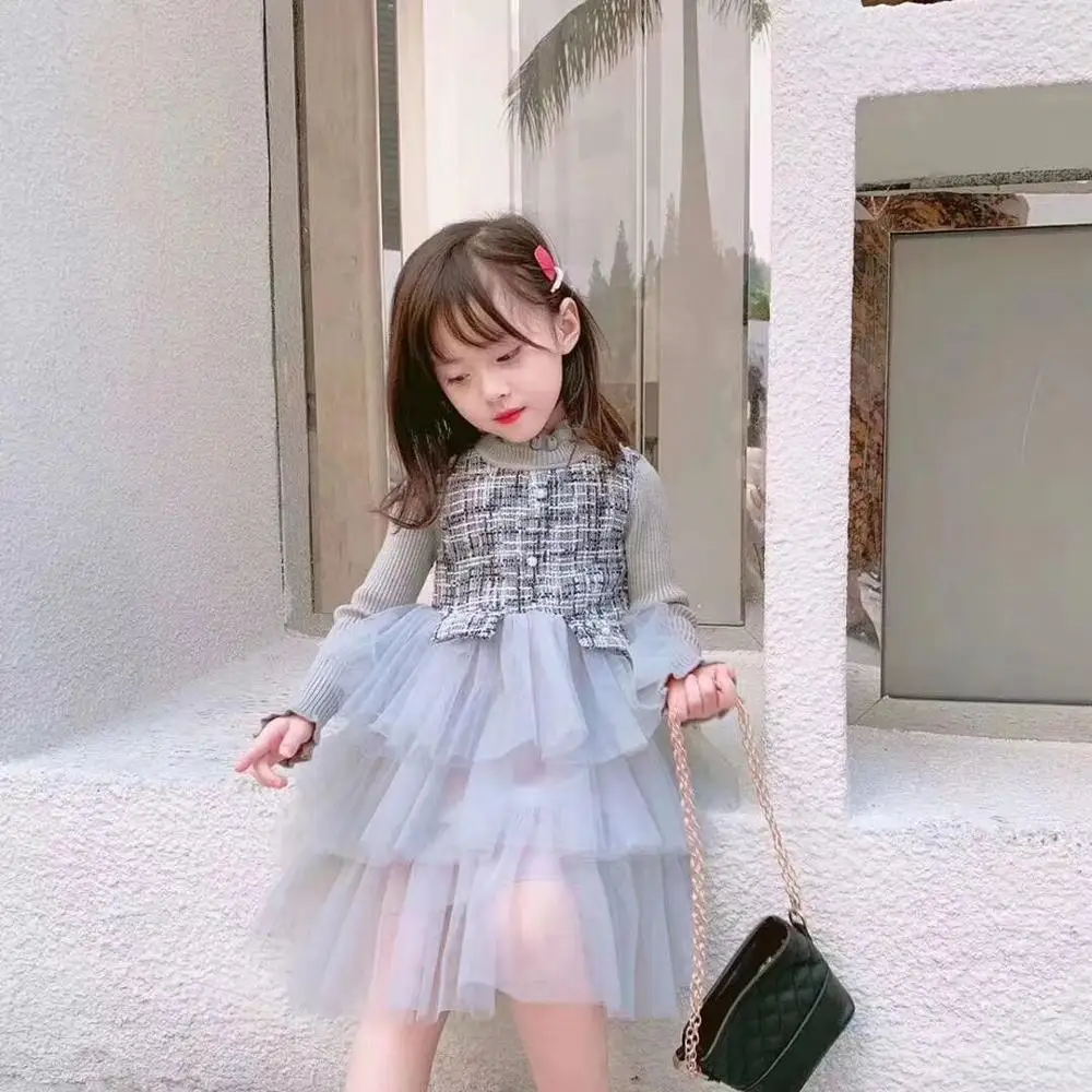 2019 Модные клетчатые вязаные сетчатые платья для маленьких детей на осень