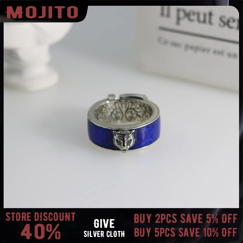 

S925 Sterling Silver New Blue Tiger Head Belt G Ring Men's Fashion Trend Personality Retro Style High-end Design Luxury Jewelry