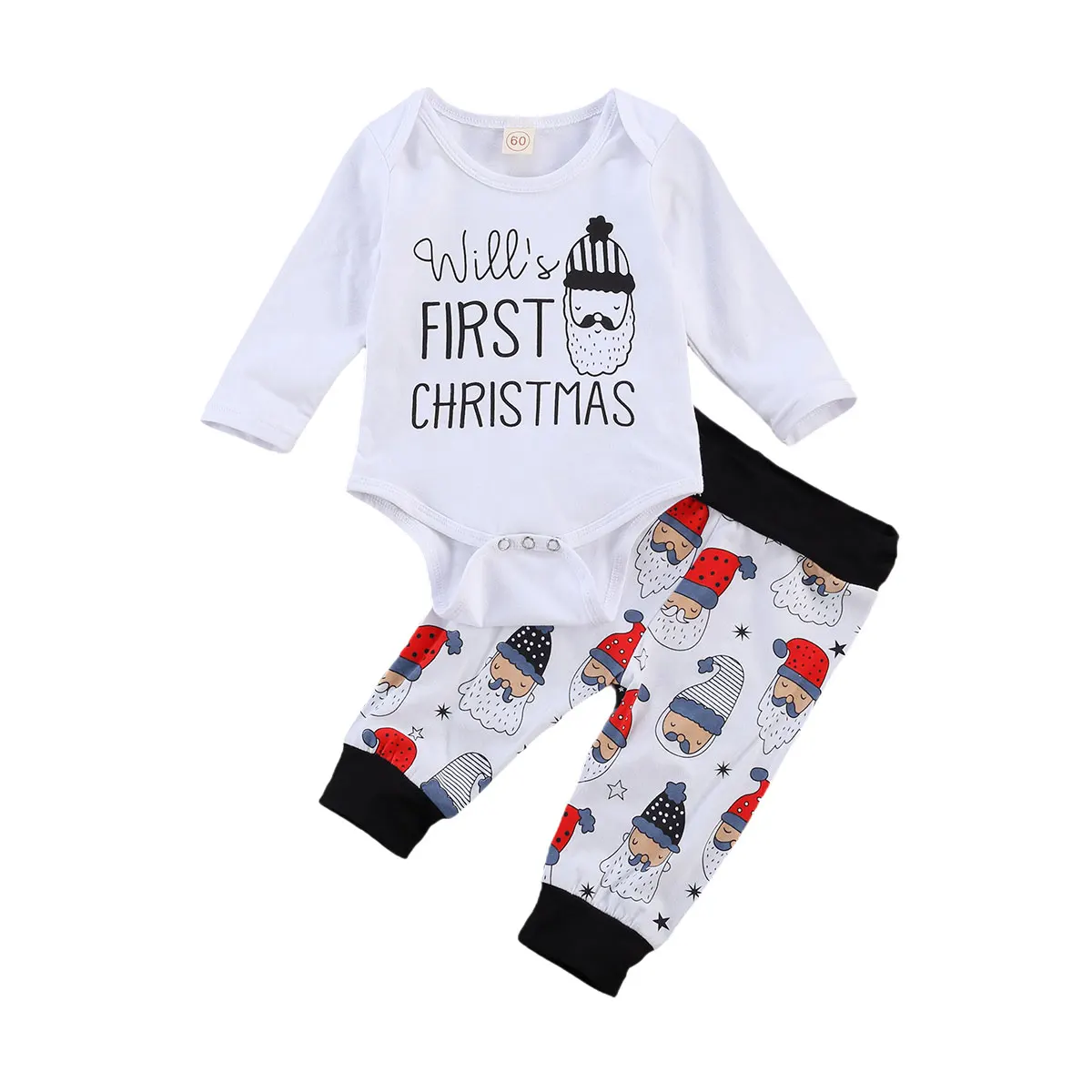 

Baby Boys Girls Newborn Baby Christmas 2-piece Outfit Set Long Sleeve Letter Print Romper+Santa Claus Pattern Pants 0-18M
