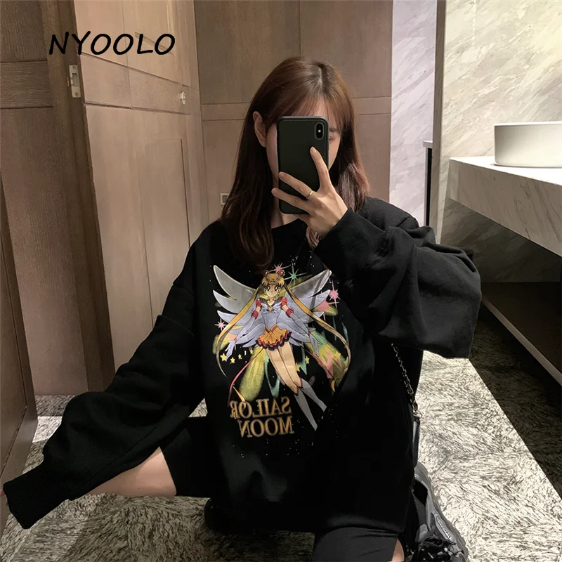 NYOOLO Harajuku стиль мультфильм персонаж Сейлор Мун буквы печати толстовка осень уличная одежда с длинным рукавом Пуловеры женские