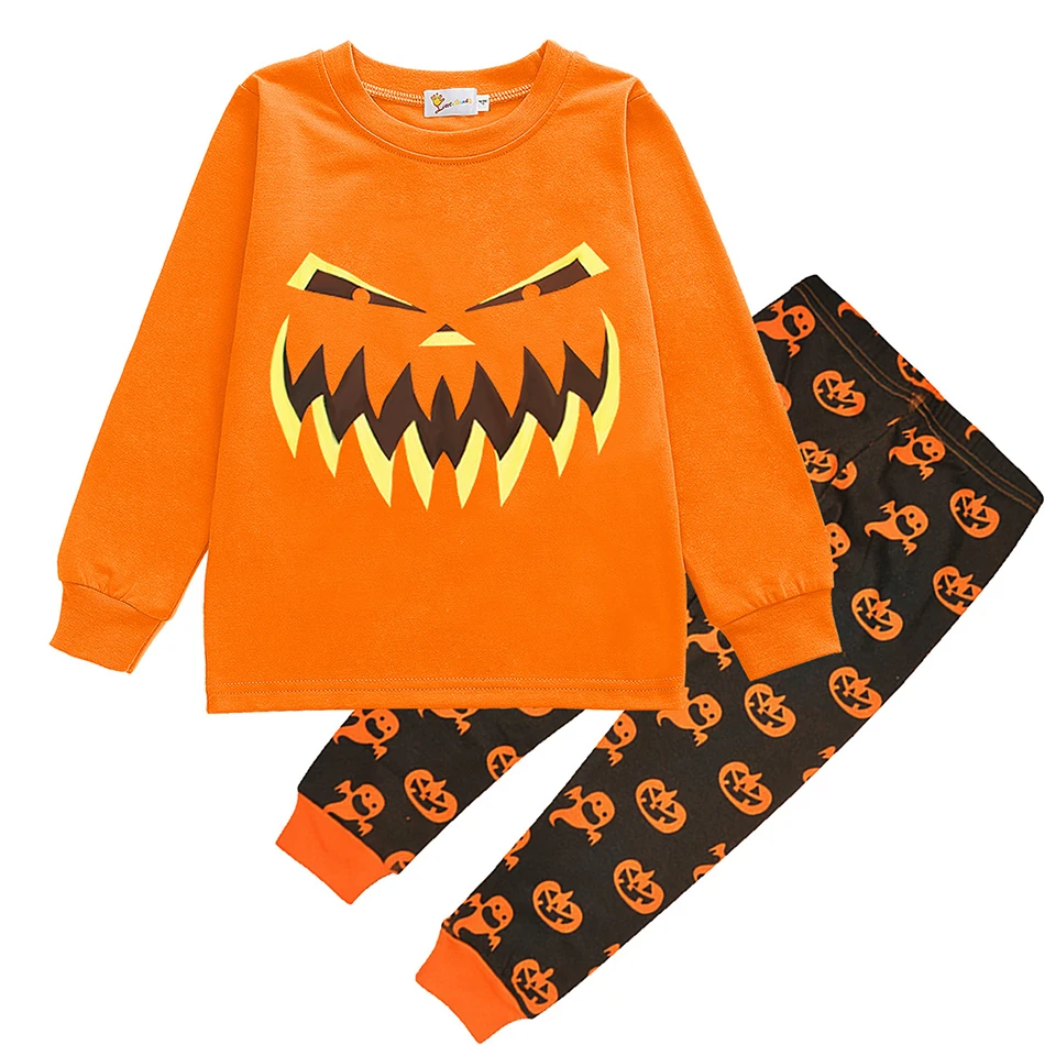 

VOGUEON 2021 Halloween Clothing for Children Casual Pajamas Set Autumn Boys Girls Pumpkin Print Girl Tops + Pants 2Pcs Outfits