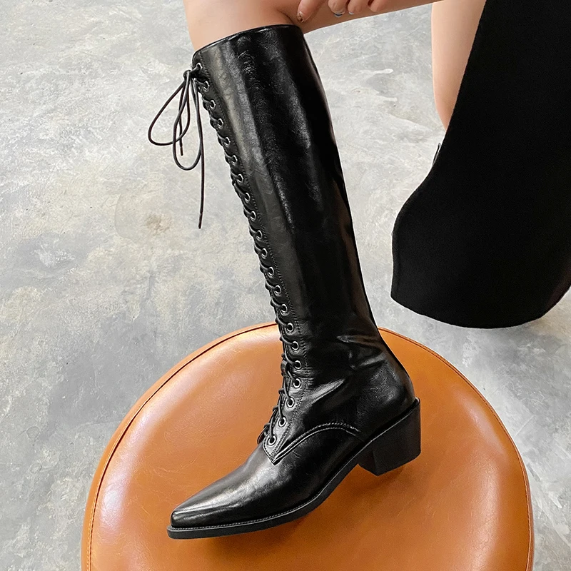 Murah Ukuran 34-39 Musim Dingin Lutut Wanita Hitam Gothic Sepatu Boots Square Heels Kulit Lutut Tinggi Sepatu Wanita Putih Sepatu Tempur