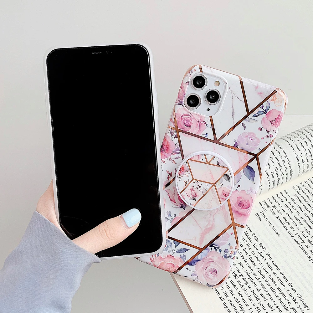 Позолоченный геометрический розовый цветочный чехол для телефона с держателем