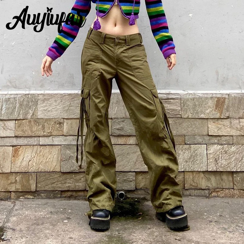 

Auyiufar Green Fairy Grunge Vintage Straight Leg Pants Low Rise Bandage Pockets Casual Streetwear Trousers Y2K Aesthetic Pants