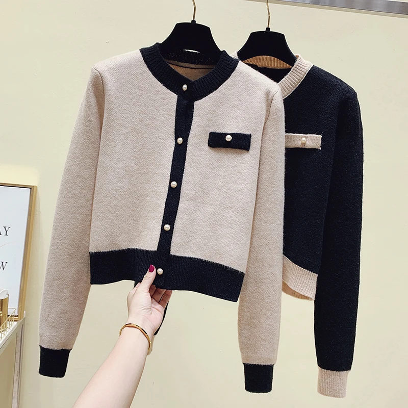 

Женский однобортный Кардиган, вязаный свитер контрастных цветов в Корейском стиле, джемпер для осени, 2021