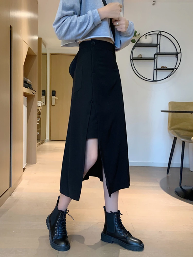 

Autumn High Waist Black Long Buttock Skirt Slit Irregular Skirt Women's A-line Skirt